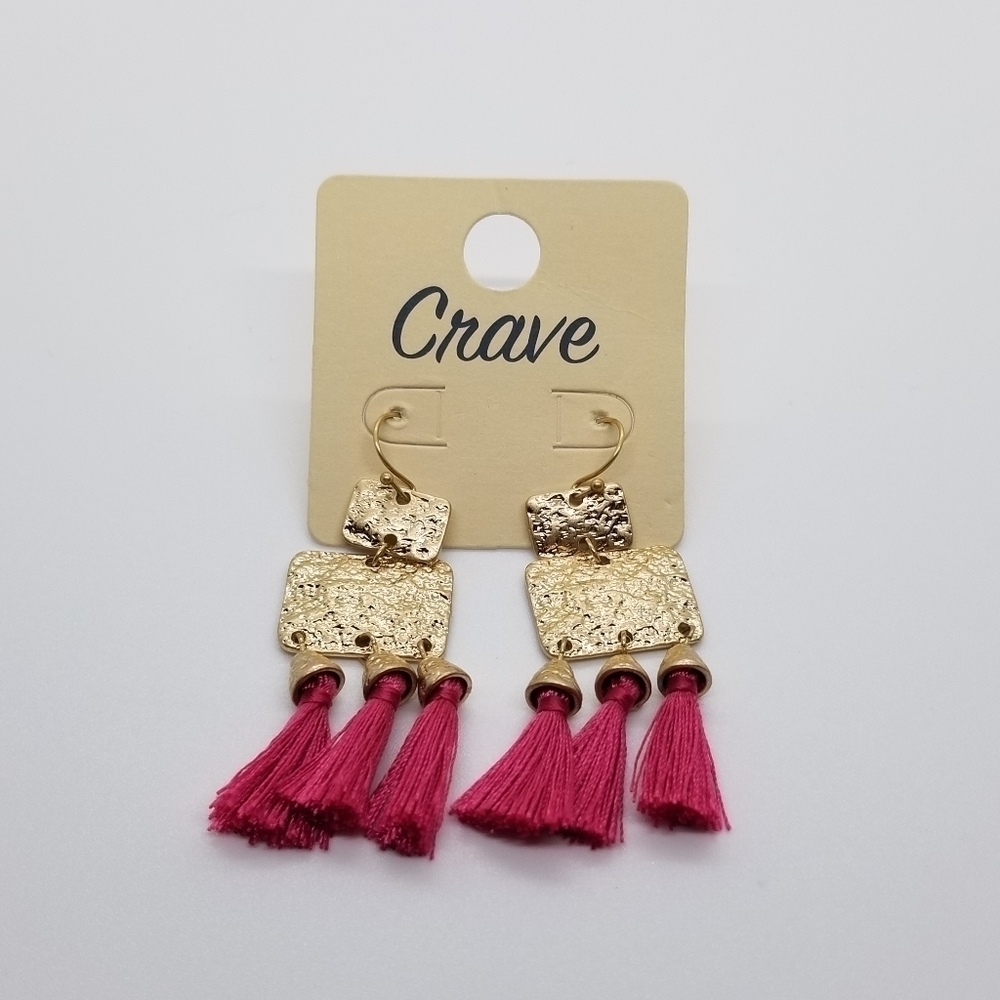 Crave textured gold tone dangle earrings pink tassels